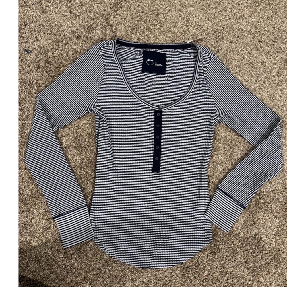 Aerie Women Navy Blue White Striped Waffle Knit Henley Long Sleeve Top Small